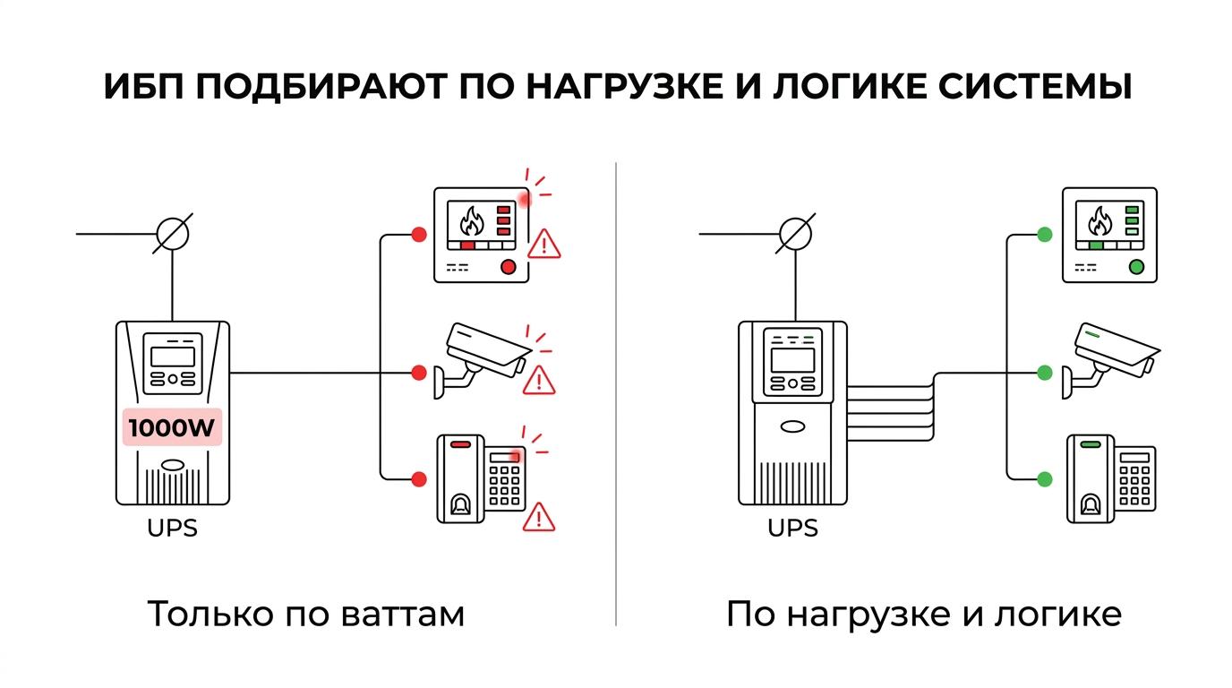Сравнение двух подходов к выбору ИБП: только по мощности и по реальной нагрузке, автономности, переключению и совместимости.
